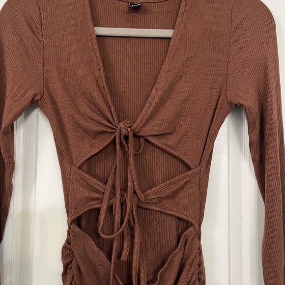 Brown Ruched Cutout Midi Dress - Long Sleeve - Picture 2 of 7